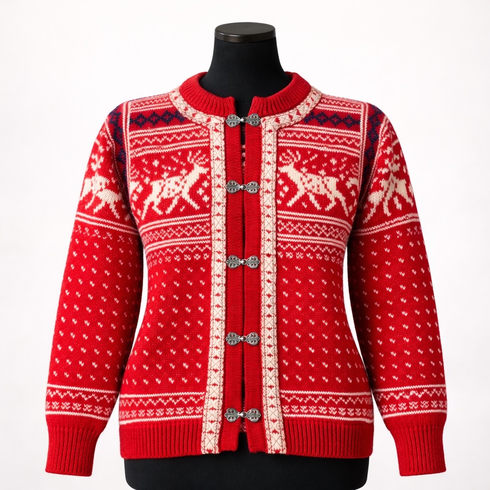 Dale of Norway Kids Reindeer Wool Nordic Cardigan Sweater Pewter Clasps Sz 12
